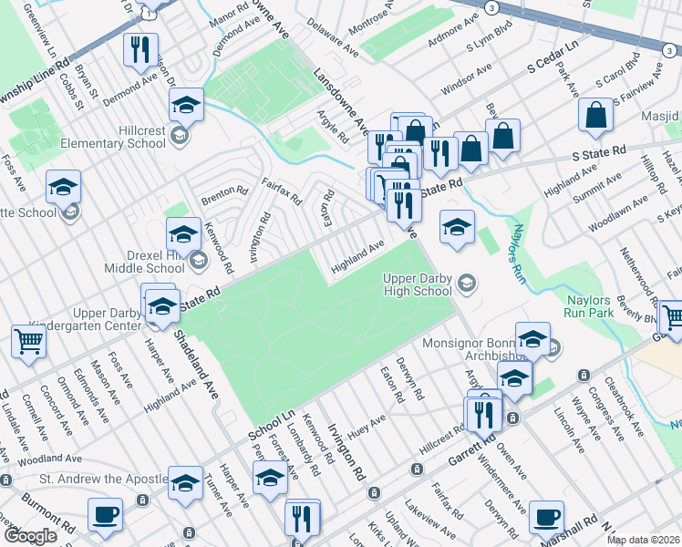 map of restaurants, bars, coffee shops, grocery stores, and more near 715 Fairfax Road in Drexel Hill