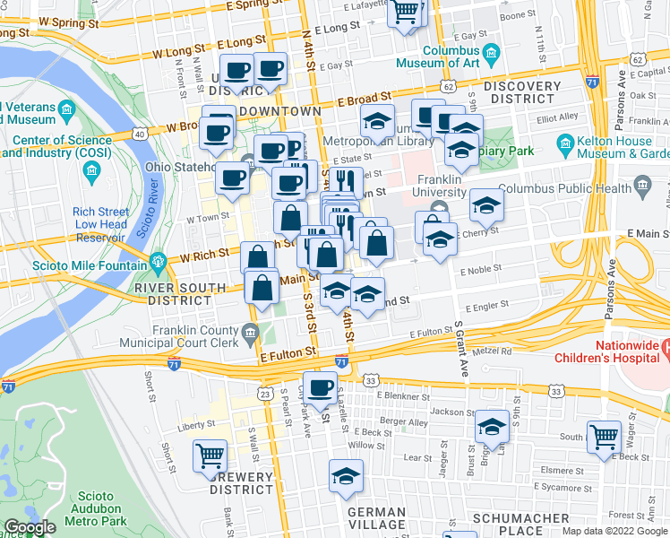 map of restaurants, bars, coffee shops, grocery stores, and more near 266 South 4th Street in Columbus