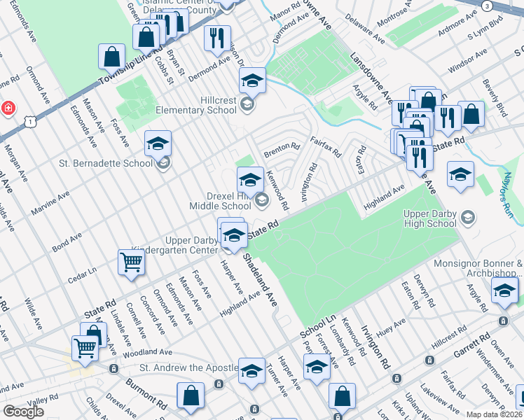 map of restaurants, bars, coffee shops, grocery stores, and more near 3001 State Road in Upper Darby