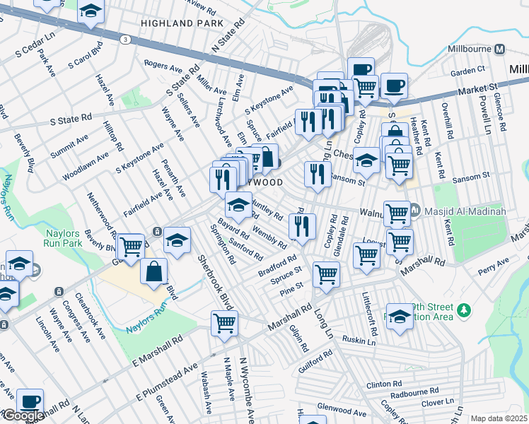 map of restaurants, bars, coffee shops, grocery stores, and more near 314 Huntley Road in Upper Darby