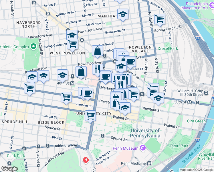 map of restaurants, bars, coffee shops, grocery stores, and more near 3711 Pennsylvania 3 in Philadelphia