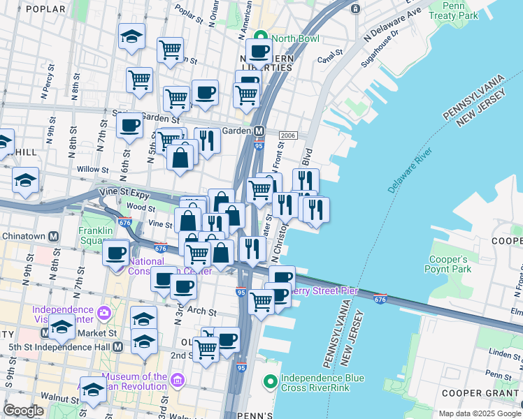 map of restaurants, bars, coffee shops, grocery stores, and more near 352 North Front Street in Philadelphia