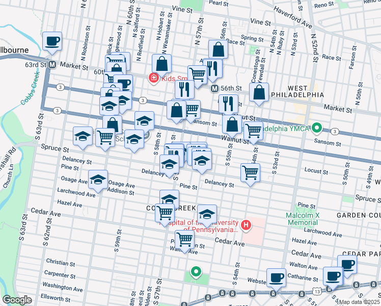 map of restaurants, bars, coffee shops, grocery stores, and more near 253 South Frazier Street in Philadelphia
