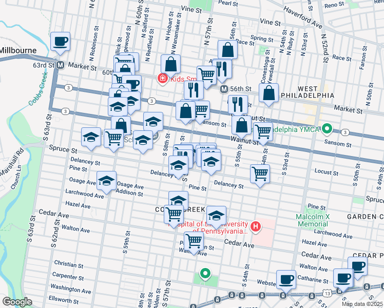 map of restaurants, bars, coffee shops, grocery stores, and more near 257 South 57th Street in Philadelphia