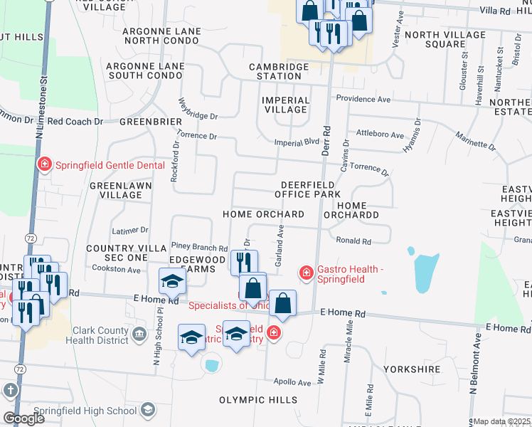 map of restaurants, bars, coffee shops, grocery stores, and more near 1025 Sundown Road in Springfield