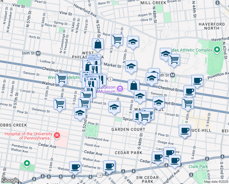 map of restaurants, bars, coffee shops, grocery stores, and more near 5012 Sansom Street in Philadelphia