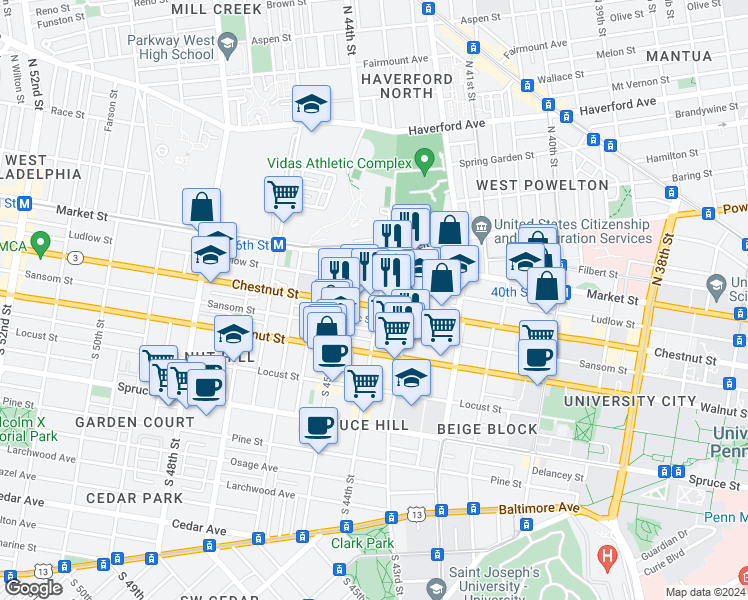 map of restaurants, bars, coffee shops, grocery stores, and more near 4405 Chestnut Street in Philadelphia