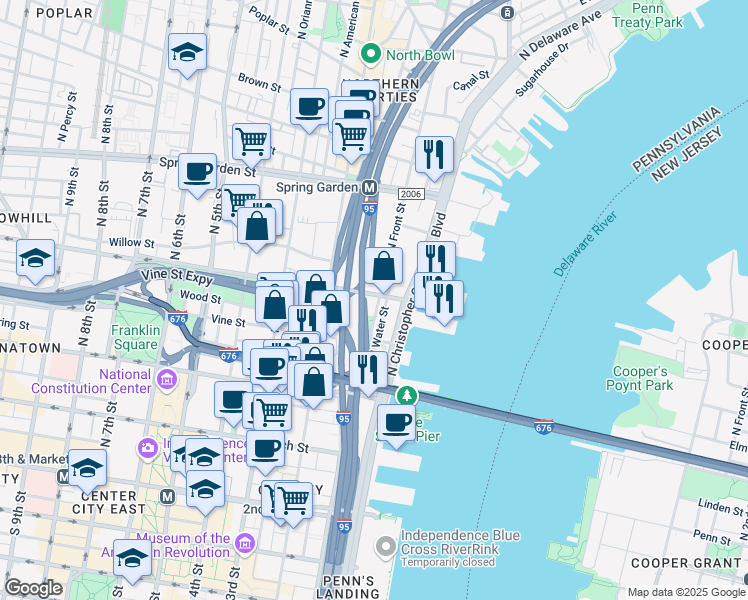 map of restaurants, bars, coffee shops, grocery stores, and more near 352 North Front Street in Philadelphia