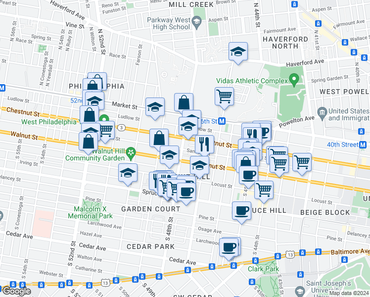 map of restaurants, bars, coffee shops, grocery stores, and more near 129 South 48th Street in Philadelphia