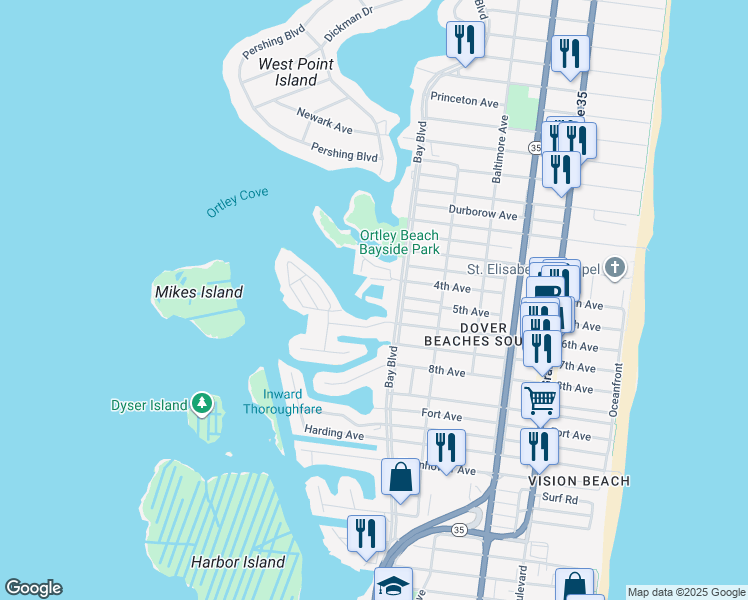map of restaurants, bars, coffee shops, grocery stores, and more near 1919 Bay Boulevard in Lavallette