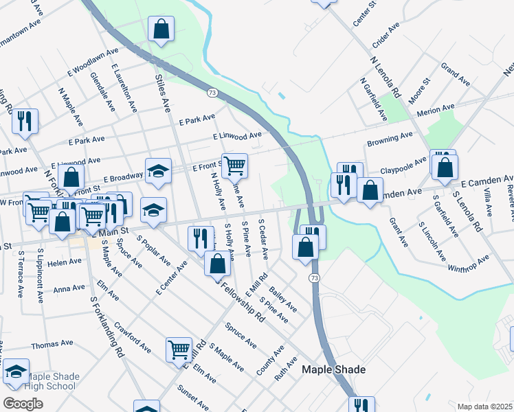 map of restaurants, bars, coffee shops, grocery stores, and more near 20 North Cedar Avenue in Maple Shade
