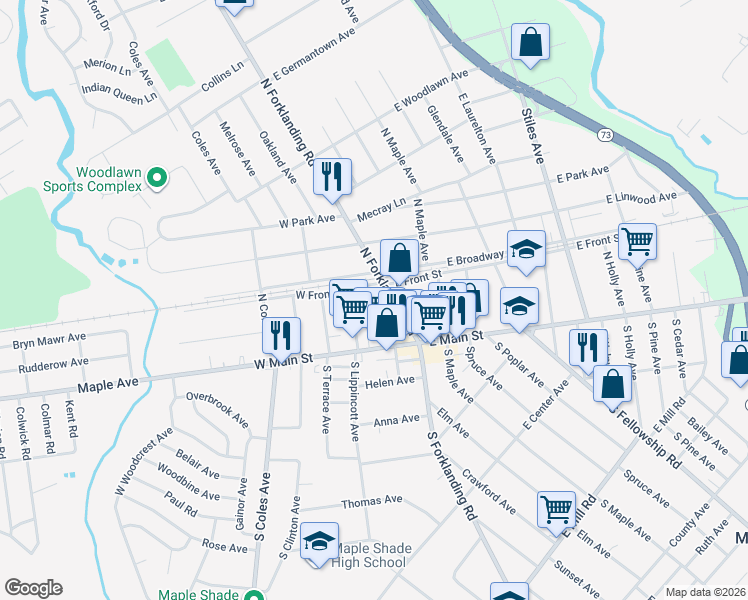 map of restaurants, bars, coffee shops, grocery stores, and more near 40 Brubaker Lane in Maple Shade