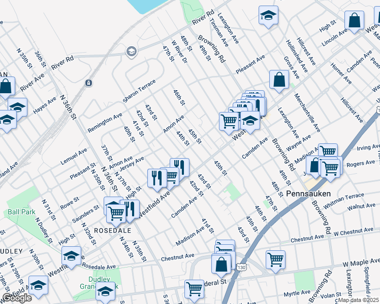 map of restaurants, bars, coffee shops, grocery stores, and more near 1903 44th Street in Pennsauken Township