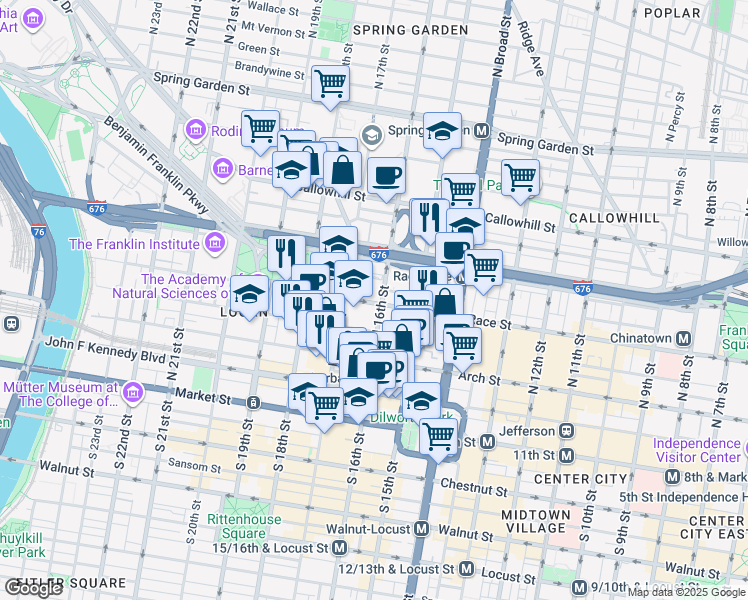 map of restaurants, bars, coffee shops, grocery stores, and more near 200 North 16th Street in Philadelphia