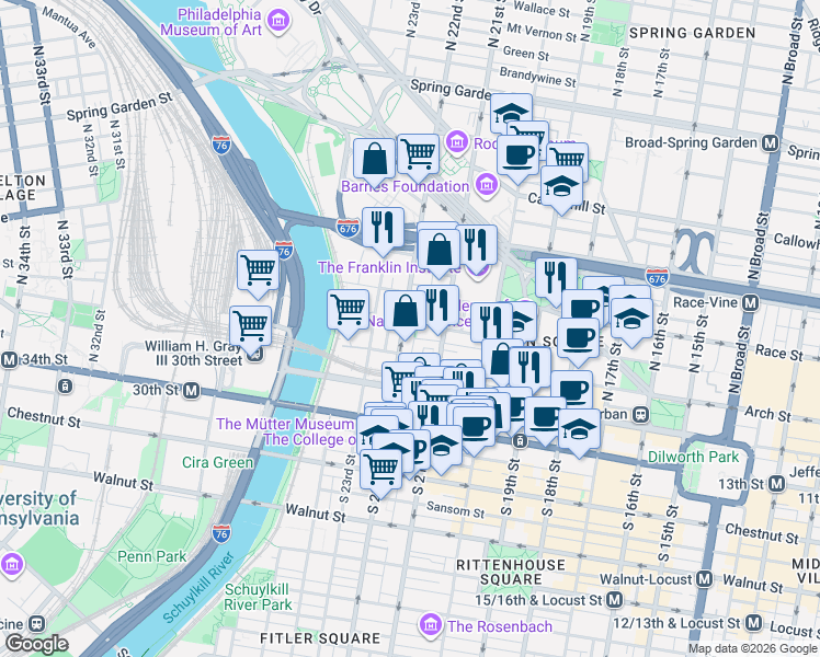 map of restaurants, bars, coffee shops, grocery stores, and more near 2129 Cherry Street in Philadelphia