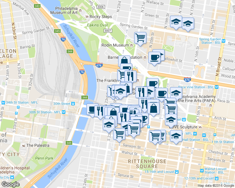 map of restaurants, bars, coffee shops, grocery stores, and more near 2129 Cherry Street in Philadelphia
