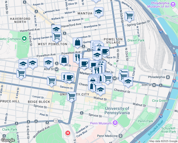 map of restaurants, bars, coffee shops, grocery stores, and more near 3711 Pennsylvania 3 in Philadelphia