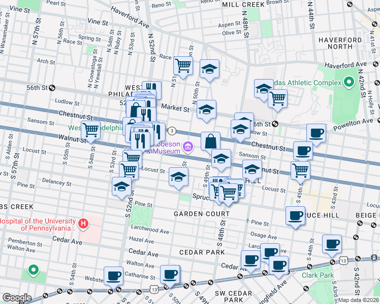 map of restaurants, bars, coffee shops, grocery stores, and more near 4934 Sansom Street in Philadelphia