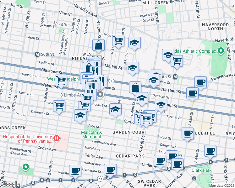 map of restaurants, bars, coffee shops, grocery stores, and more near 5012 Sansom Street in Philadelphia