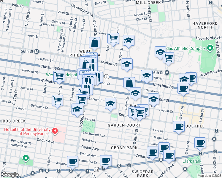 map of restaurants, bars, coffee shops, grocery stores, and more near 5012 Sansom Street in Philadelphia