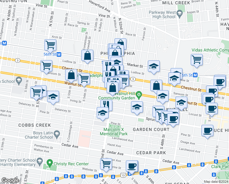map of restaurants, bars, coffee shops, grocery stores, and more near 5151 Walnut Street in Philadelphia
