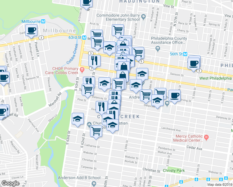 map of restaurants, bars, coffee shops, grocery stores, and more near 6033 Spruce Street in Philadelphia