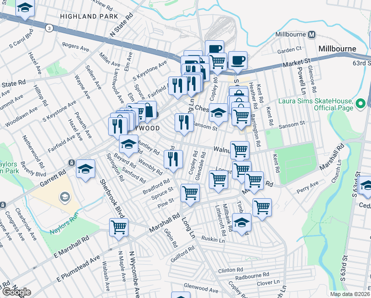 map of restaurants, bars, coffee shops, grocery stores, and more near 202 Long Lane in Delaware County