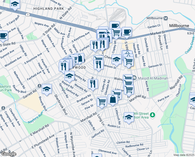 map of restaurants, bars, coffee shops, grocery stores, and more near 202 Long Lane in Delaware County