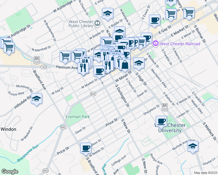 map of restaurants, bars, coffee shops, grocery stores, and more near 227 West Miner Street in West Chester