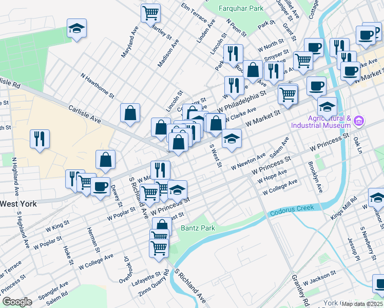 map of restaurants, bars, coffee shops, grocery stores, and more near 652 West Market Street in York