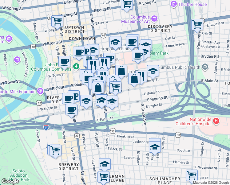 map of restaurants, bars, coffee shops, grocery stores, and more near 220 East Main Street in Columbus