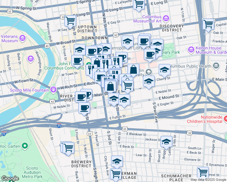 map of restaurants, bars, coffee shops, grocery stores, and more near 266 South 4th Street in Columbus