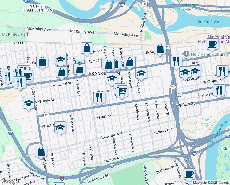 map of restaurants, bars, coffee shops, grocery stores, and more near 102 Avondale Avenue in Columbus