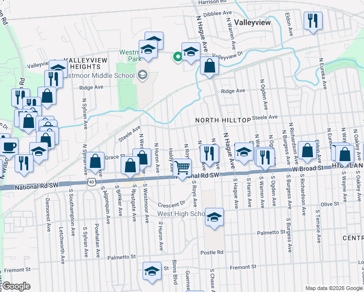 map of restaurants, bars, coffee shops, grocery stores, and more near 96 Haldy Avenue in Columbus