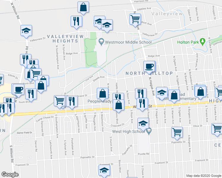 map of restaurants, bars, coffee shops, grocery stores, and more near 106 North Huron Avenue in Columbus