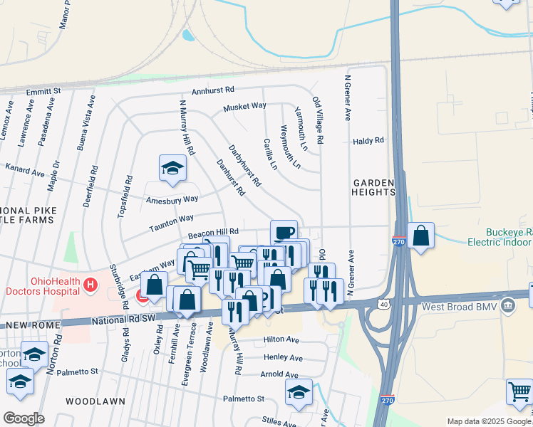 map of restaurants, bars, coffee shops, grocery stores, and more near in Columbus