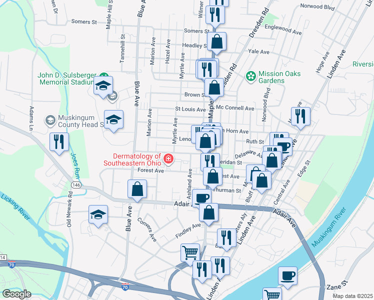 map of restaurants, bars, coffee shops, grocery stores, and more near 707 Locust Avenue in Zanesville