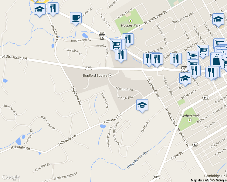 map of restaurants, bars, coffee shops, grocery stores, and more near 334 McIntosh Rd in West Chester
