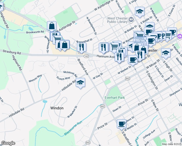 map of restaurants, bars, coffee shops, grocery stores, and more near 618 West Chestnut Street in West Chester
