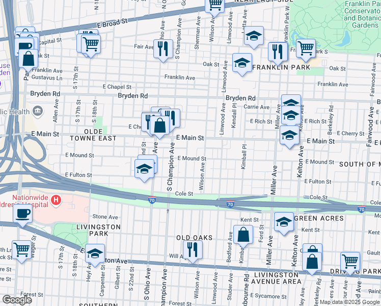 map of restaurants, bars, coffee shops, grocery stores, and more near 434 Oakwood Avenue in Columbus