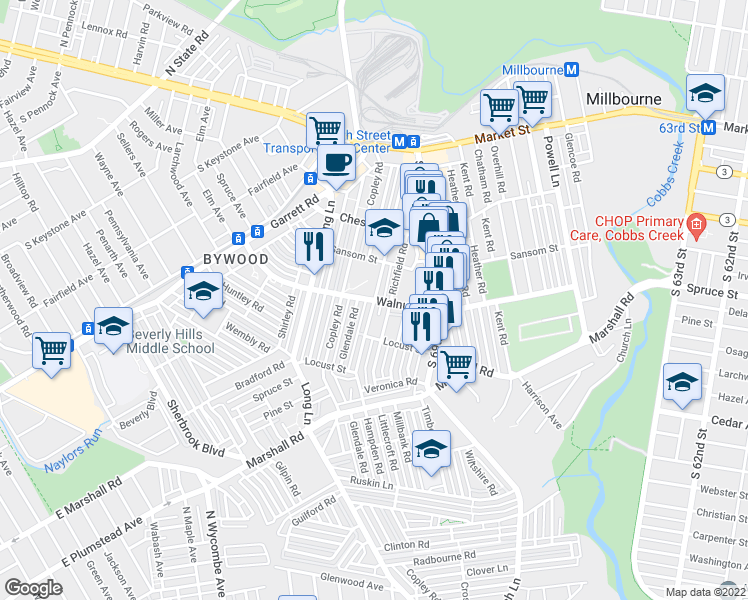 map of restaurants, bars, coffee shops, grocery stores, and more near Walnut St & Hampden Rd in Delaware