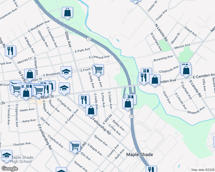 map of restaurants, bars, coffee shops, grocery stores, and more near 20 North Cedar Avenue in Maple Shade