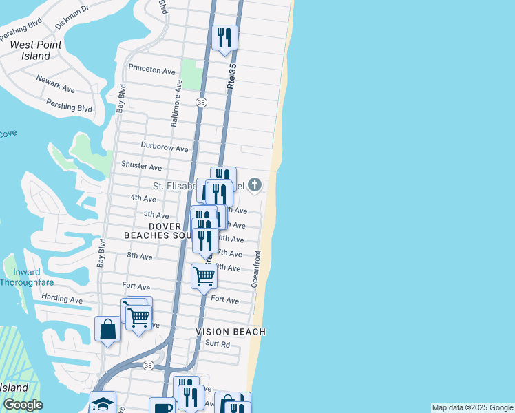 map of restaurants, bars, coffee shops, grocery stores, and more near 2 4th Avenue in Seaside Heights