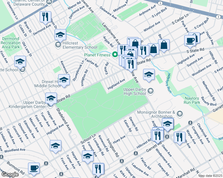 map of restaurants, bars, coffee shops, grocery stores, and more near 715 Fairfax Road in Drexel Hill