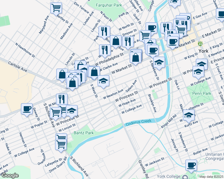 map of restaurants, bars, coffee shops, grocery stores, and more near 508 West King Street in York