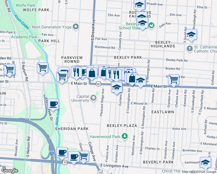 map of restaurants, bars, coffee shops, grocery stores, and more near 2375 East Main Street in Columbus