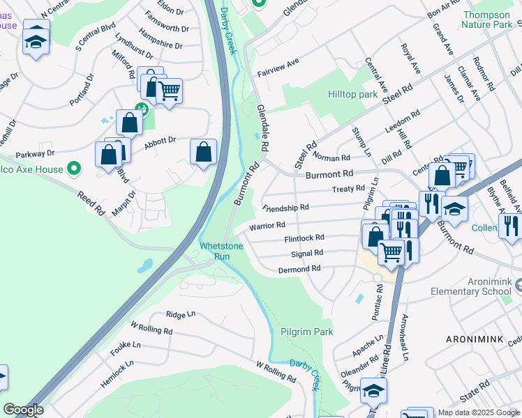 map of restaurants, bars, coffee shops, grocery stores, and more near 240 Friendship Road in Drexel Hill