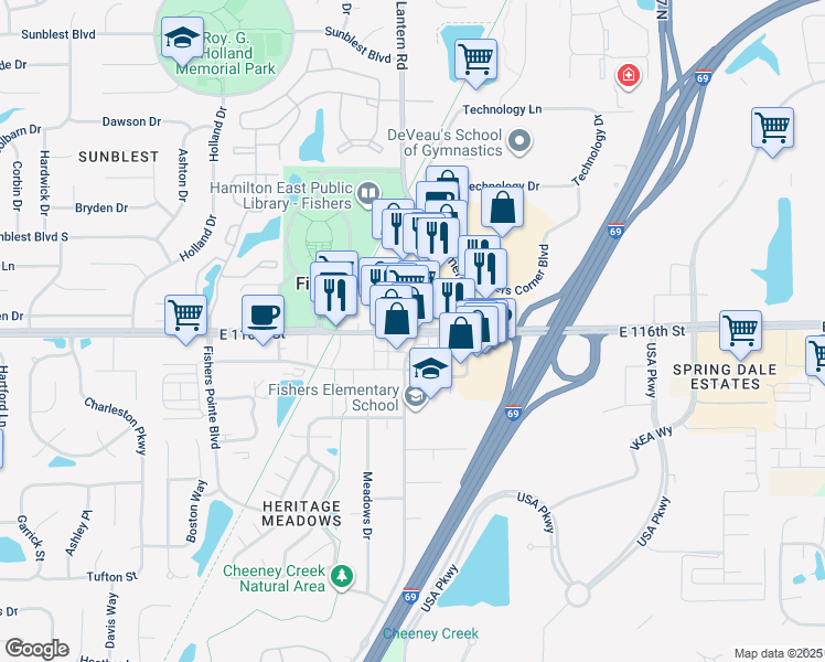 map of restaurants, bars, coffee shops, grocery stores, and more near 8760 East 116th Street in Fishers
