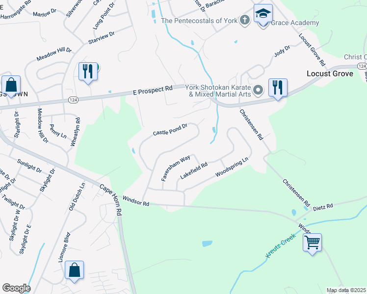 map of restaurants, bars, coffee shops, grocery stores, and more near 939 Castle Pond Drive in York