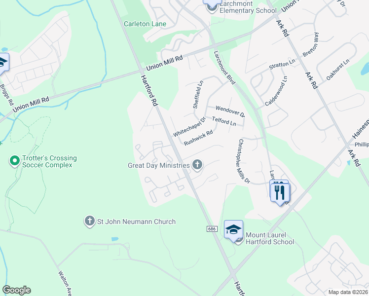map of restaurants, bars, coffee shops, grocery stores, and more near 11 Rushwick Road in Mount Laurel Township